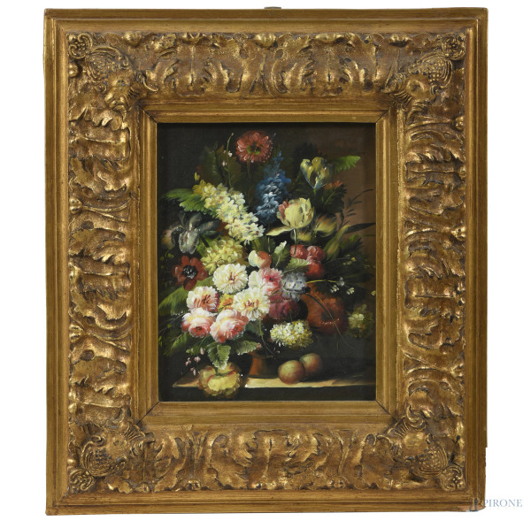 Natura morta di frutta, XX secolo, olio su tavoletta, cm 25x20, entro cornice