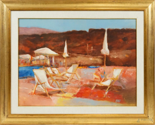 Bruno Biagi - Spiaggia, olio su tela, cm 60x80, entro cornice