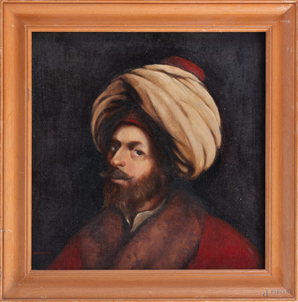 Ritratto di astronomo, XX secolo, olio su tela, cm 44x43, entro cornice