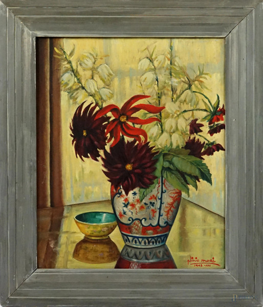 Vaso con fiori, olio su tela, cm 60,5x50, firmato e datato, entro cornice