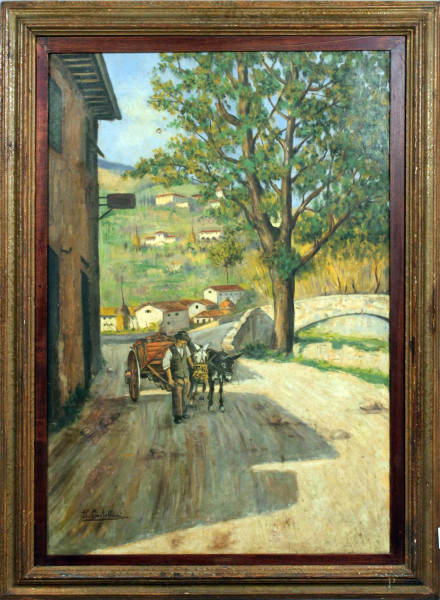 Paesaggio con carro e figura, olio su tela, cm. 93x62, firmato Castellani, entro cornice.