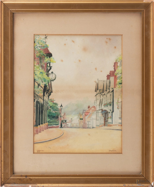 Droitwich, acquerello su carta, cm 36x27, firmato e datato 1913 in basso a sinistra, titolato in basso a destra, entro cornice, (segni di usura, tracce di umidità, gore, foxing, ondulazioni della carta)
