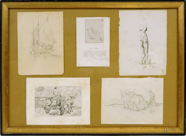 Cinque disegni e stampe di autori diversi entro un'unica cornice, misure ingombro cm 45,5x62,5