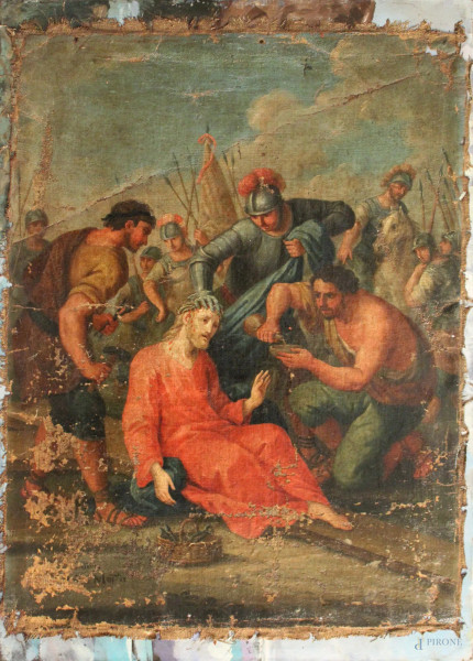 Episodio della via Crucis, olio su tela applicata su tela moderna, XVIII sec., cm 65 x 49, difetti.