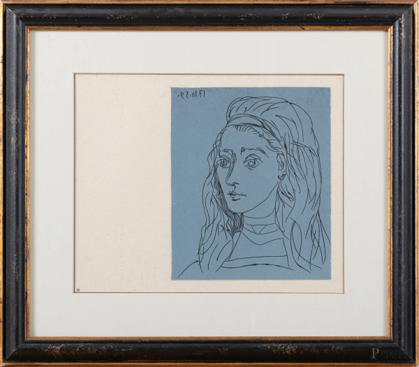 Jaqueline, stampa da Pablo Picasso, cm 43,5x49,5 compreso passepartout, entro cornice, (segni di usura, foxing, ossidazione della carta)