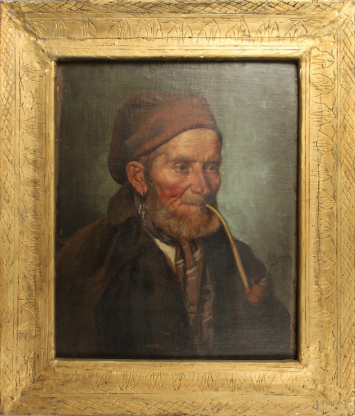 Salvatore Maresca, Ritratto d&#39;uomo con pipa, olio su tavola, cm 50x40, entro cornice.