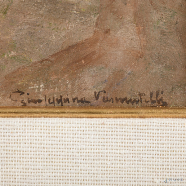 Giuseppina Vannutelli, Paesaggio con strada e alberi, XX secolo, olio su tavoletta, cm 21x33, fir...