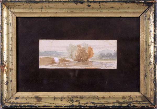 Filiberto Petiti - Paesaggio, acquarello su carta, cm. 5x14, entro cornice.