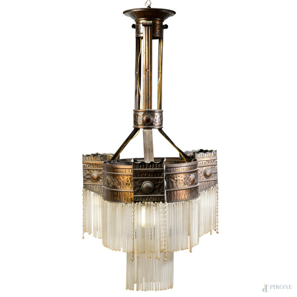 Lampadario in stile Liberty, XX secolo, cm 110x60 ca, (segni di usura, difetti, da revisionare)