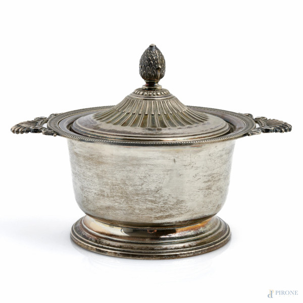 Zuccheriera in argento 800/000 punzone Ricci &C. con vaschetta di cristallo, cm 14,5x20,5x15,5, peso argento gr 440