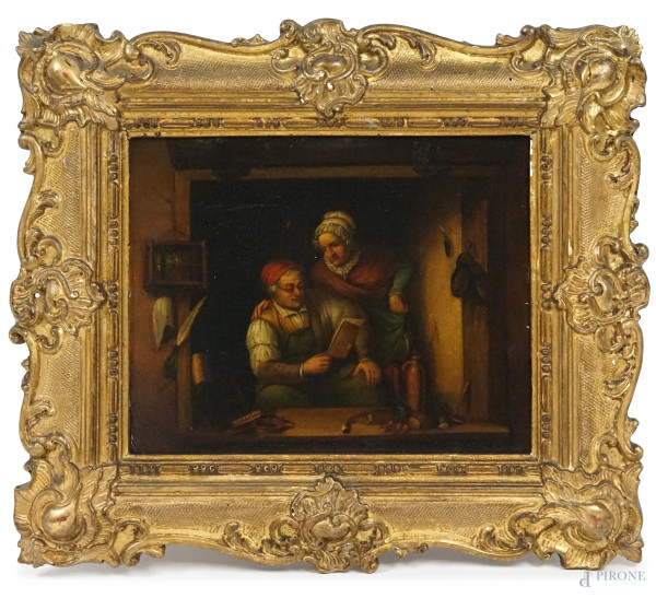 Scuola olandese del XIX secolo, Scena di vita quotidiana con calzolaio, olio su tavola, cm 16x20, entro cornice coeva in stucco dorato