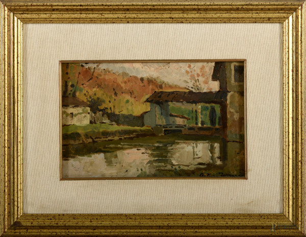 Arturo Ferrari (1861-1932), Lungo il fiume Olona, olio su cartone, cm 18,5x28, firmato in basso a destra, entro cornice, (difetti)