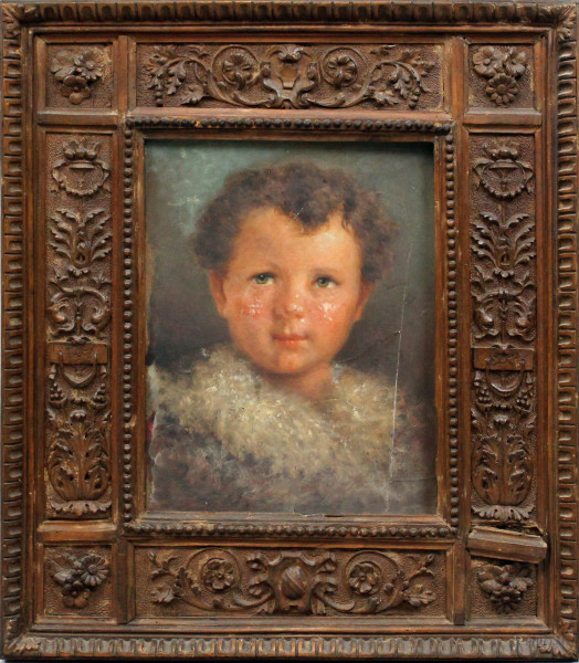 Ritratto di bambino, olio su cartone, cm 36x27, inizi XX secolo, entro cornice, (difetti).
