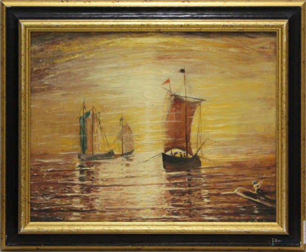 Marina con barche, olio su tavola, 30x40 cm, entro cornice