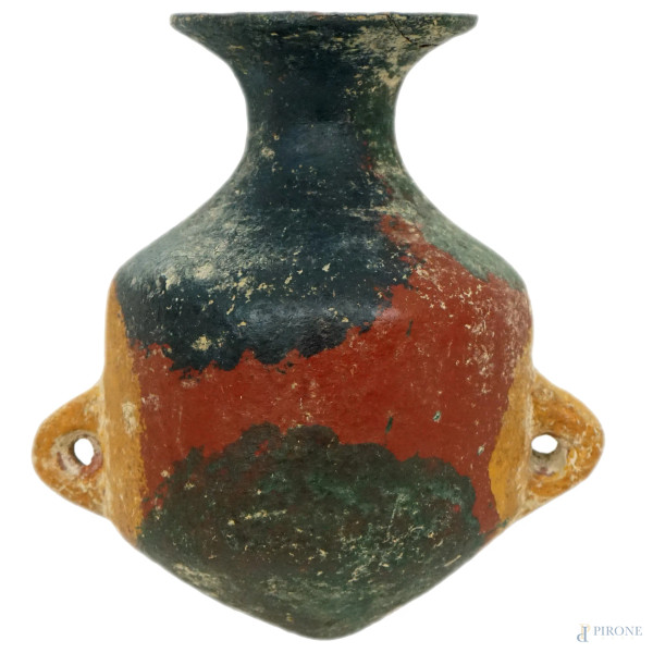 Antico vaso in terracotta policroma, cm  h 22, (difetti e restauri)