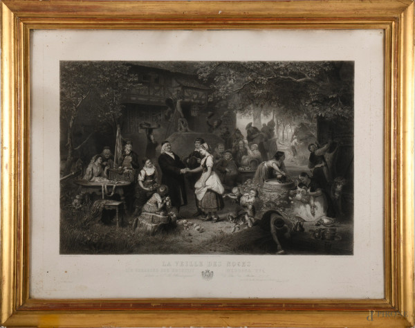 La veille des noces, Peint par H.Anton Dieffenbach - Gravé par Amedée & Eugène Varin, New York published by M. Knoedler, 1865, cm 73x98 entro cornice, (difetti, gore e umidità)