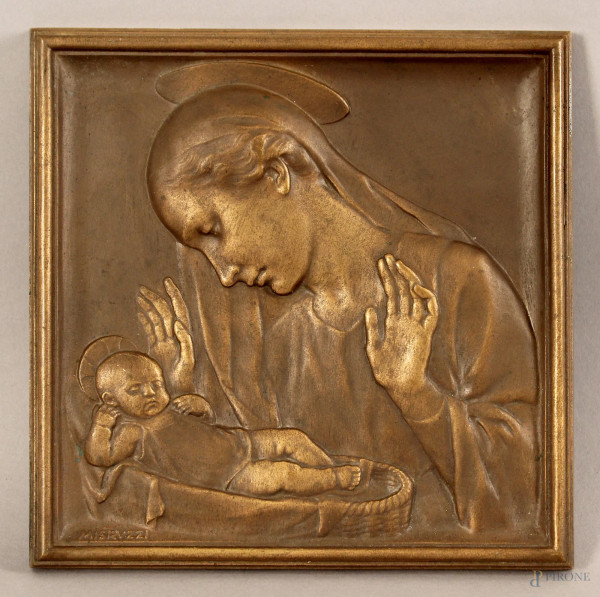 Adorazione del Bambino, placca in bronzo altezza 19x19, firmata Mistruzzi.