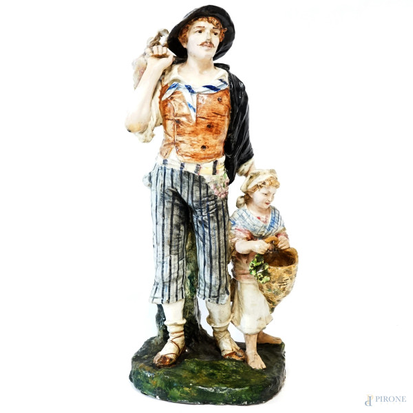 Contadino con bambina, ceramica policroma, firmata C.A.N. , cm 71,5x28x20 (difetti)