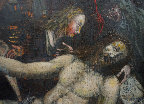 Deposizione di Cristo, antico dipinto ad olio su tavola, cm 25x20, entro cornice, (difetti)