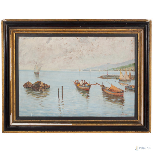 Pescatori, XX secolo, olio su compensato, cm 46x66, firmato in basso a destra, entro cornice, (segni di usura)