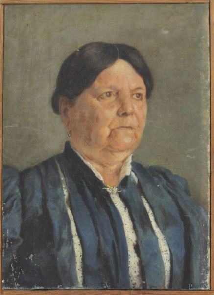 Ritratto di anziana, olio su tela, cm 29x21, XX secolo, entro cornice, (difetti).