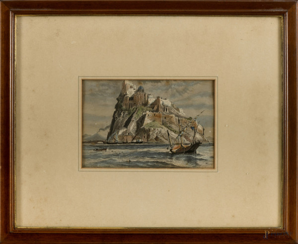 Josiah Wood Whymper (Ipswich 1813 – 1903 Haslemere), Veduta del Castello Aragonese di Ischia, cm 16x25, entro cornice, firmato in lastra