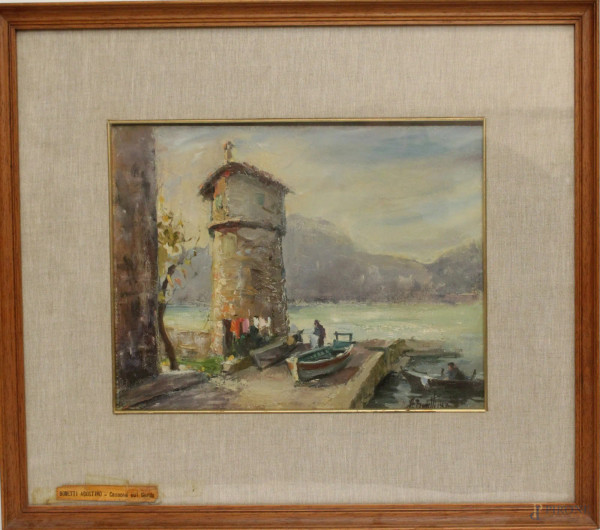Torre sul lago, olio su cartone, 39x29 cm, entro cornice.