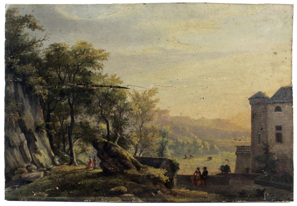 Scuola veneta del XVIII secolo, Veduta del parco di una villa, olio su tavola, cm 31,5x46.
