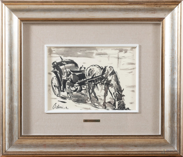 Asturi Antonio (1904 - 1986), Cavallo con calesse, tecnica mista su cartoncino, cm 25x34,5, firmato in basso a sinistra, entro cornice, (segni di usura, tracce di umidità)