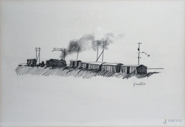 Paesaggio con treno, disegno a matita su carta, cm 50 x 70, entro cornice, firmato Enotrio.