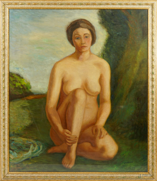 Nudo di donna, olio su tela, firmato Sobrero, cm 129x109,5, entro cornice