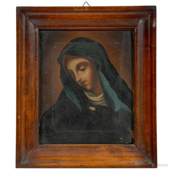 Madonna, XIX secolo, olio su tela, cm 27,5x23, entro cornice, (cadute di colore, segni di battitura del telaio)