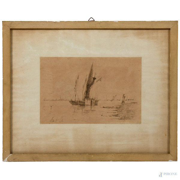Barche a vela, XX secolo, inchiostro su carta, cm 18x28, firmato in basso a sinistra, entro cornice, (tracce di umidità, bruniture della carta)