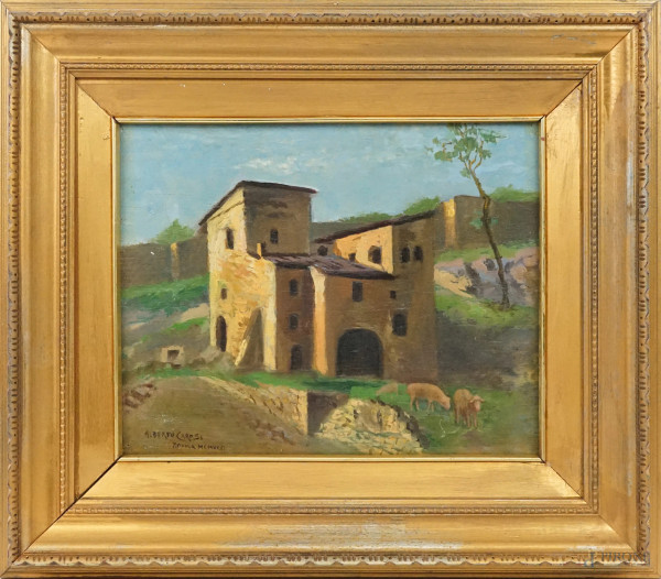 Paesaggio con casolare, olio su compensato, cm 26x31, firmato, entro cornice.