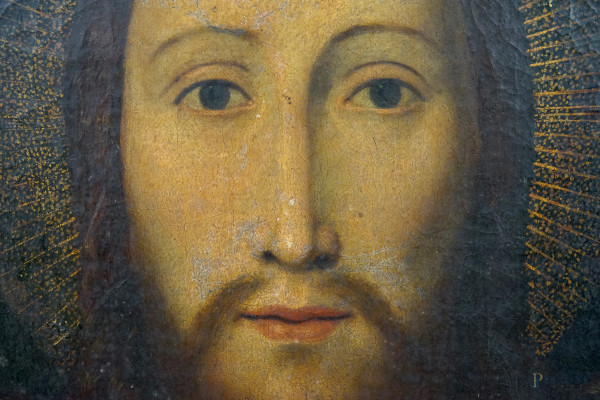 Pittore della fine del XVIII secolo, Volto Santo - Mandylion, olio su tela, cm 41,8x33, entro cor...
