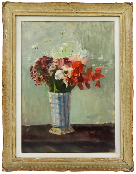 Mario Mafai - Vaso con fiori, olio su compensato, cm 61x43,5, entro cornice.