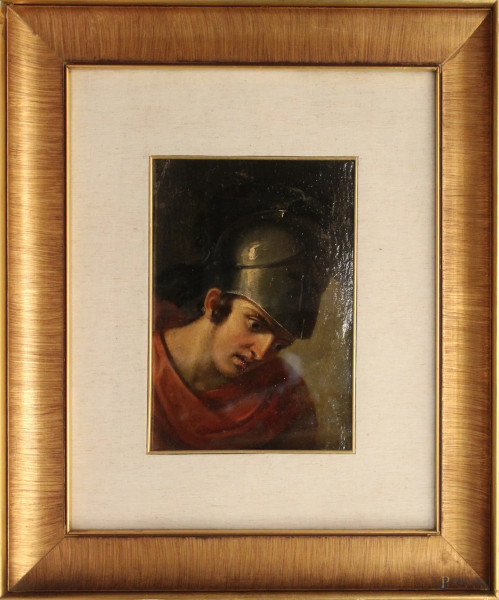 Volto di soldato, olio su cartone, XIX sec., cm 29 x 21,5, entro cornice.