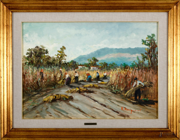 Roberto Carignani, La mietitura, olio su tela, firmato in basso a destra, cm 50x70 entro cornice