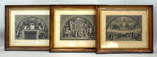 Lotto di tre stampe raffiguranti le stanze di Raffaello, cm 51x64, XIX secolo, entro cornici, (difetti)