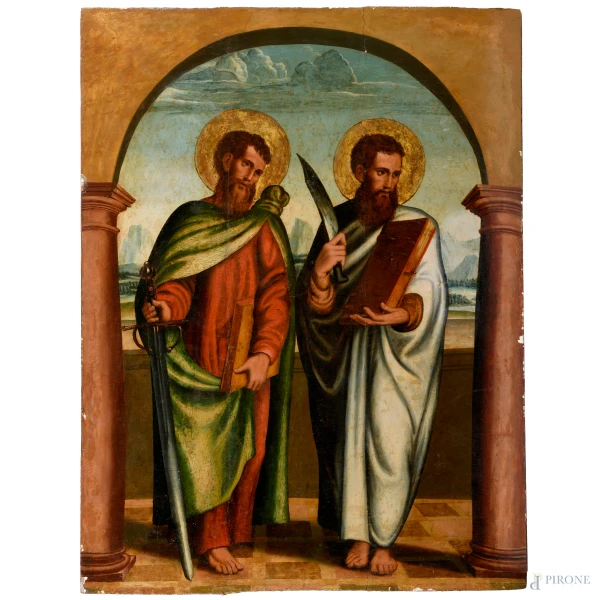 San Bartolomeo e San Paolo, XIX secolo, olio su tavola, cm 86,5x65,5, (piccole cadute di colore, sottile fessurazione verticale nell'area destra)