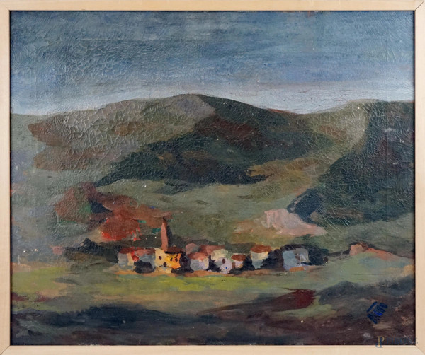 Angelo Brotto - Paesaggio con case, olio su tela, cm 50x60, entro cornice, (difetti).
