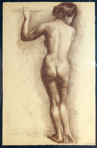 Nudo di schiena, disegno su carta, cm 40x60, entro cornice, firmato Castellani.