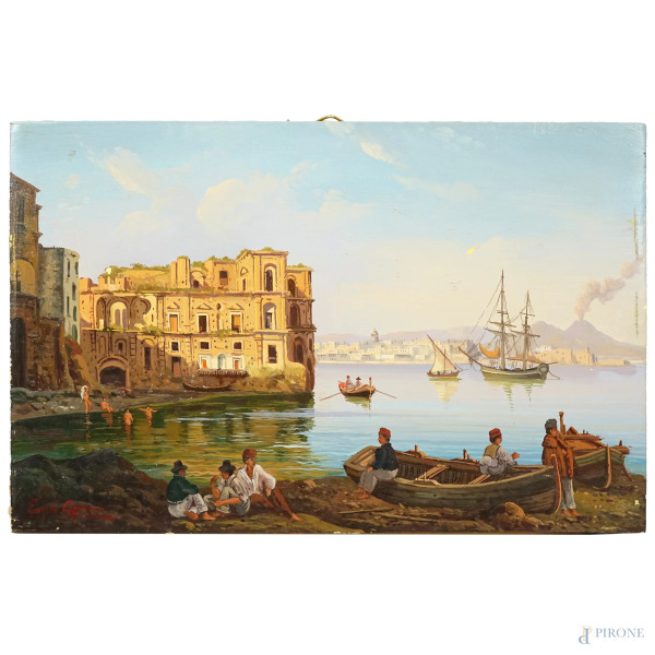 Veduta di Napoli con Palazzo Donn'Anna, olio su tavoletta, firmato in basso a sinistra Enrico Capuano, cm 18,3x28,1