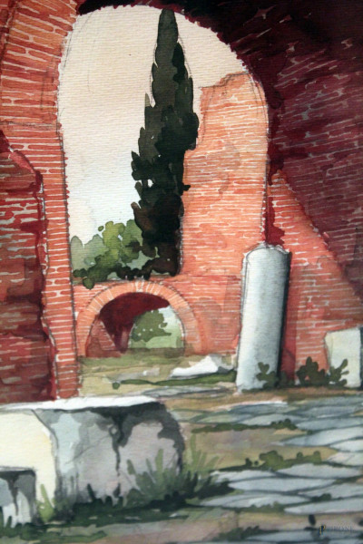 Coppia di dipinti a soggetti di Arco di Costantino e Foro Romano ad acquarello su carta, 30x43 cm, entro cornici firmati