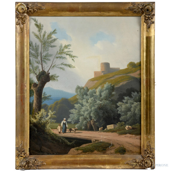 Paesaggio con pastorella e bambino, XIX-XX secolo, olio su tela, cm 40,5x32, firmato in basso, entro cornice, (craquelure)