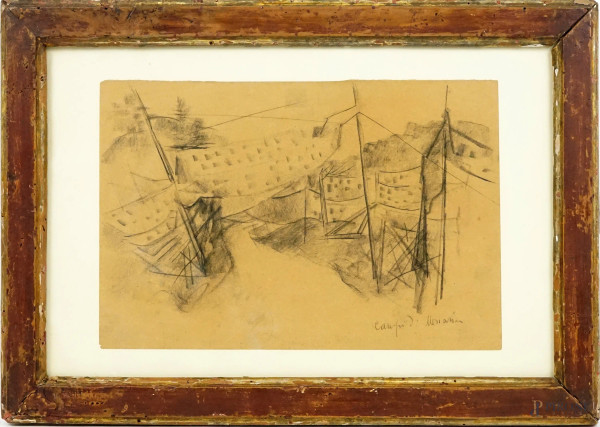 Campi di Meriania, matita su carta, cm 26x40, XX secolo, entro cornice.