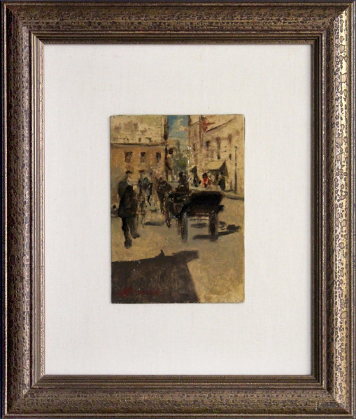 Scorcio di Napoli con carrozzella, olio su cartoncino firmato E. Briante, cm 17 x 12.
