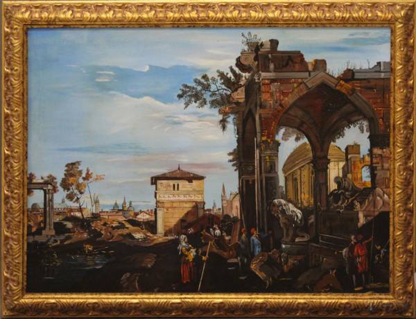 Capriccio architettonico, olio su tela, 60x80 cm, entro cornice