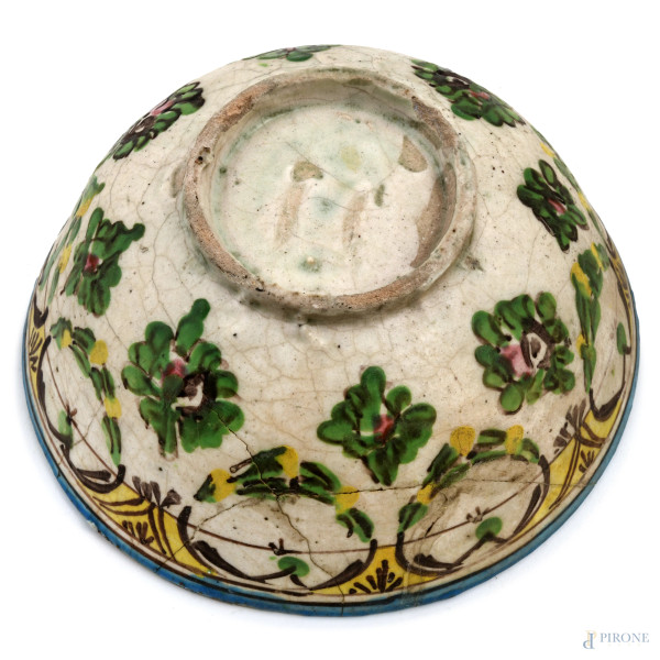 Ciotola in maiolica decorata con teoria di festoni e mazzetti di fiori, XIX-XX secolo, cm 10x22, ...