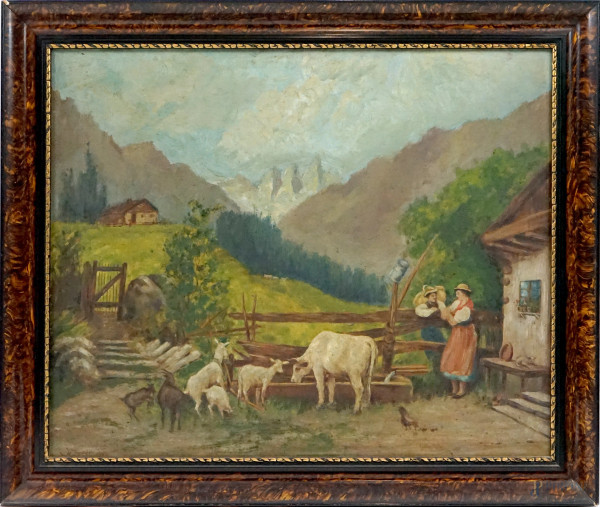 Paesaggio montano con figure e animali, olio su tavola, cm 50,5x62, firmato, entro cornice.